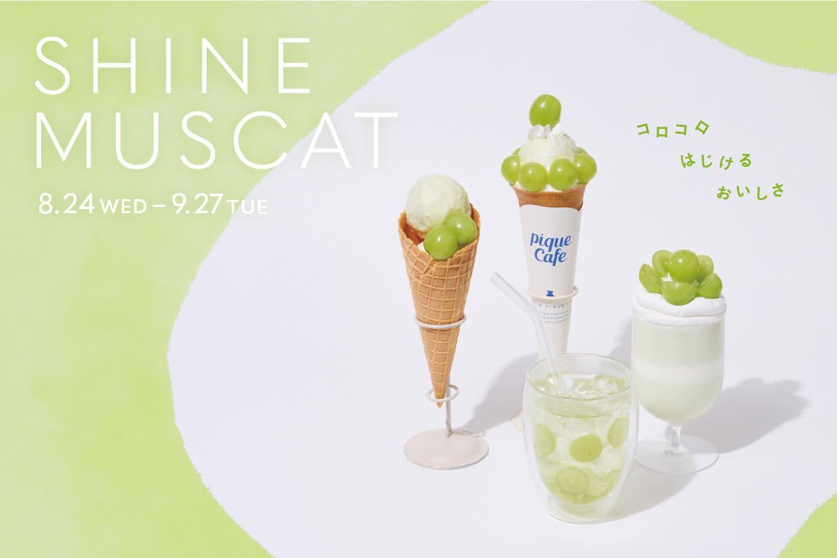 【gelato pique cafe(ジェラート ピケ カフェ)】SHINE MUSCUT ～コロコロ はじける おいしさ～ 旬のシャインマスカットを使用したスイーツ4種を8月24日から期間限定で販売🍨🍇💚🤍